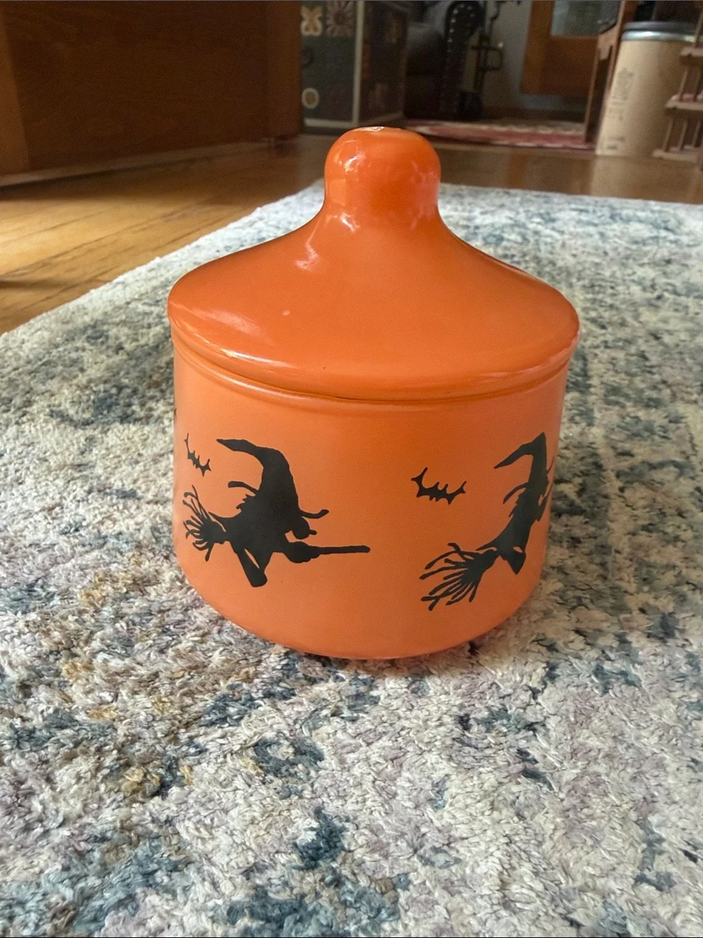 Vintage Indiana Glass Halloween Witch Bat Lidded Jar Candy Dish